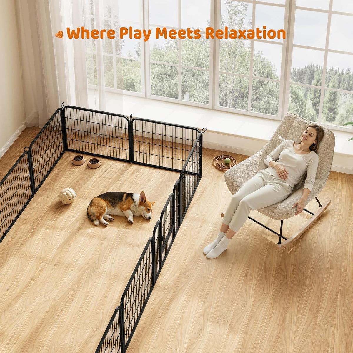 24" H 6-Panel Extra Wide Dog Playpen W/Door for Indoor Outdoor