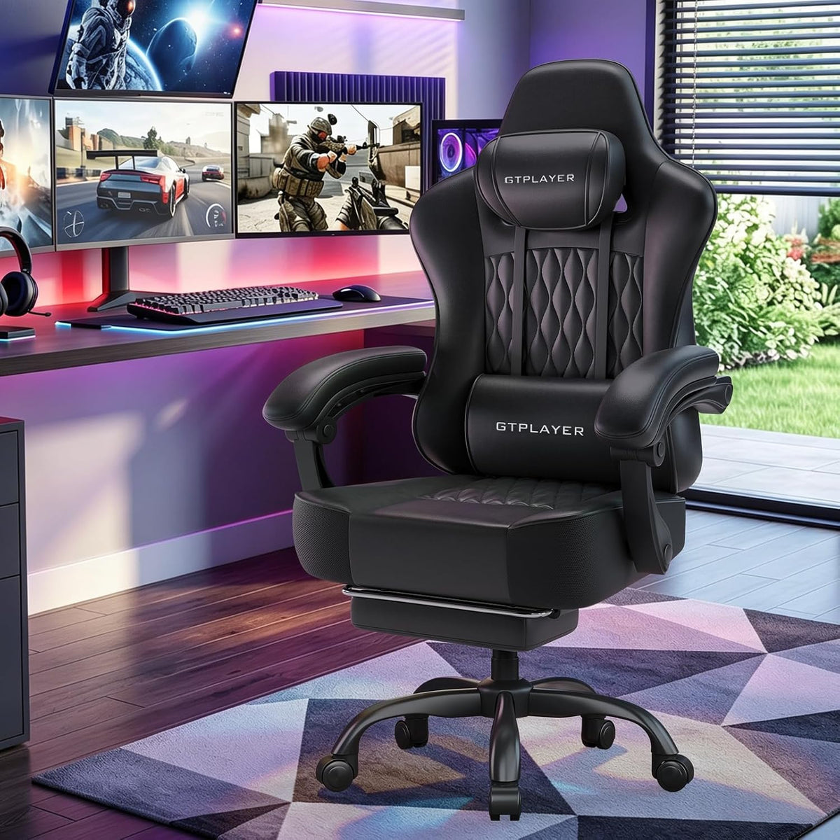 Gaming Chair, Computer Office Chair with Pocket Spring Cushion, Linkage Armrests, Comfortable Leather Computer Chair, Black