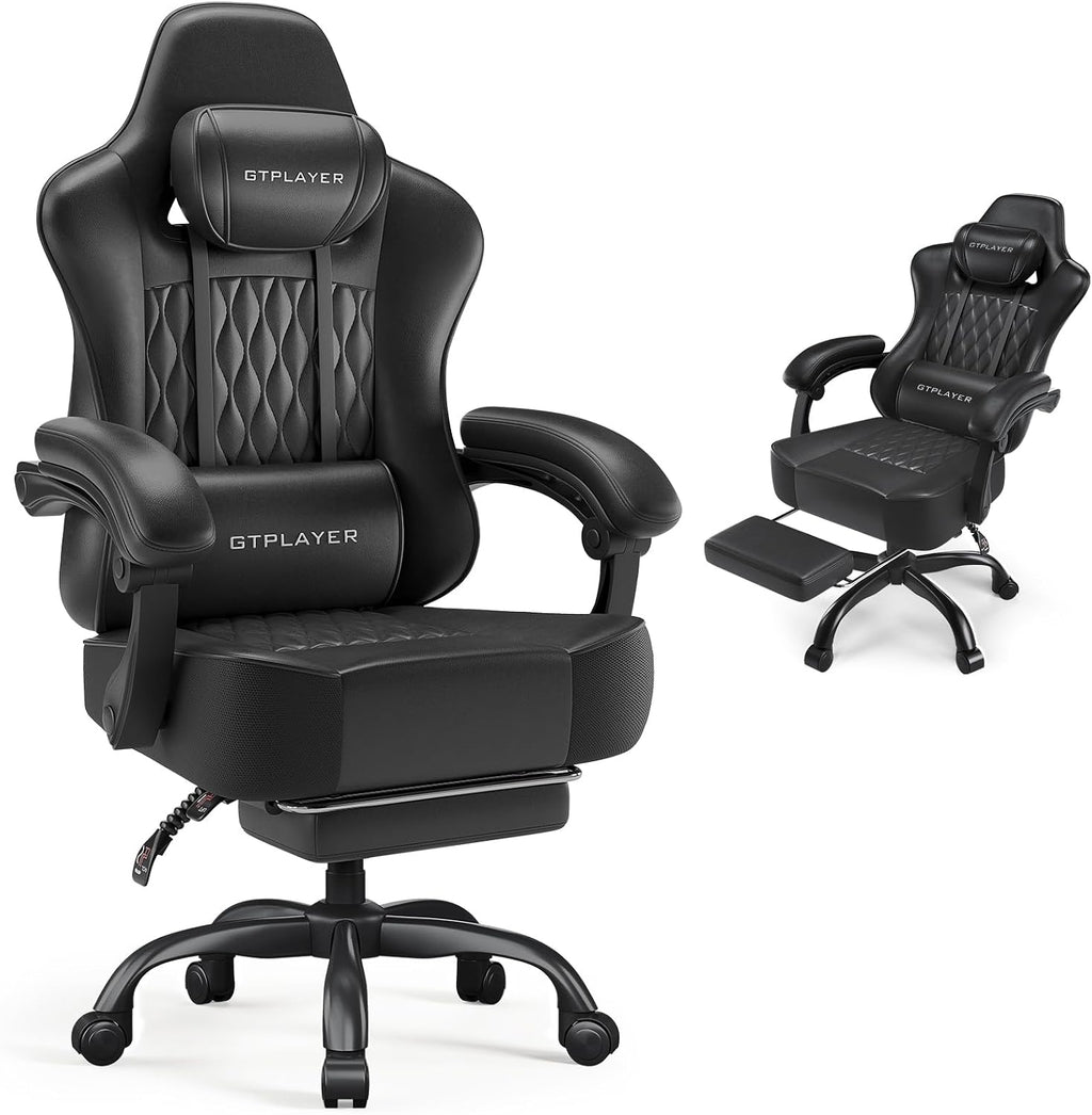 Gaming Chair, Computer Office Chair with Pocket Spring Cushion, Linkage Armrests, Comfortable Leather Computer Chair, Black