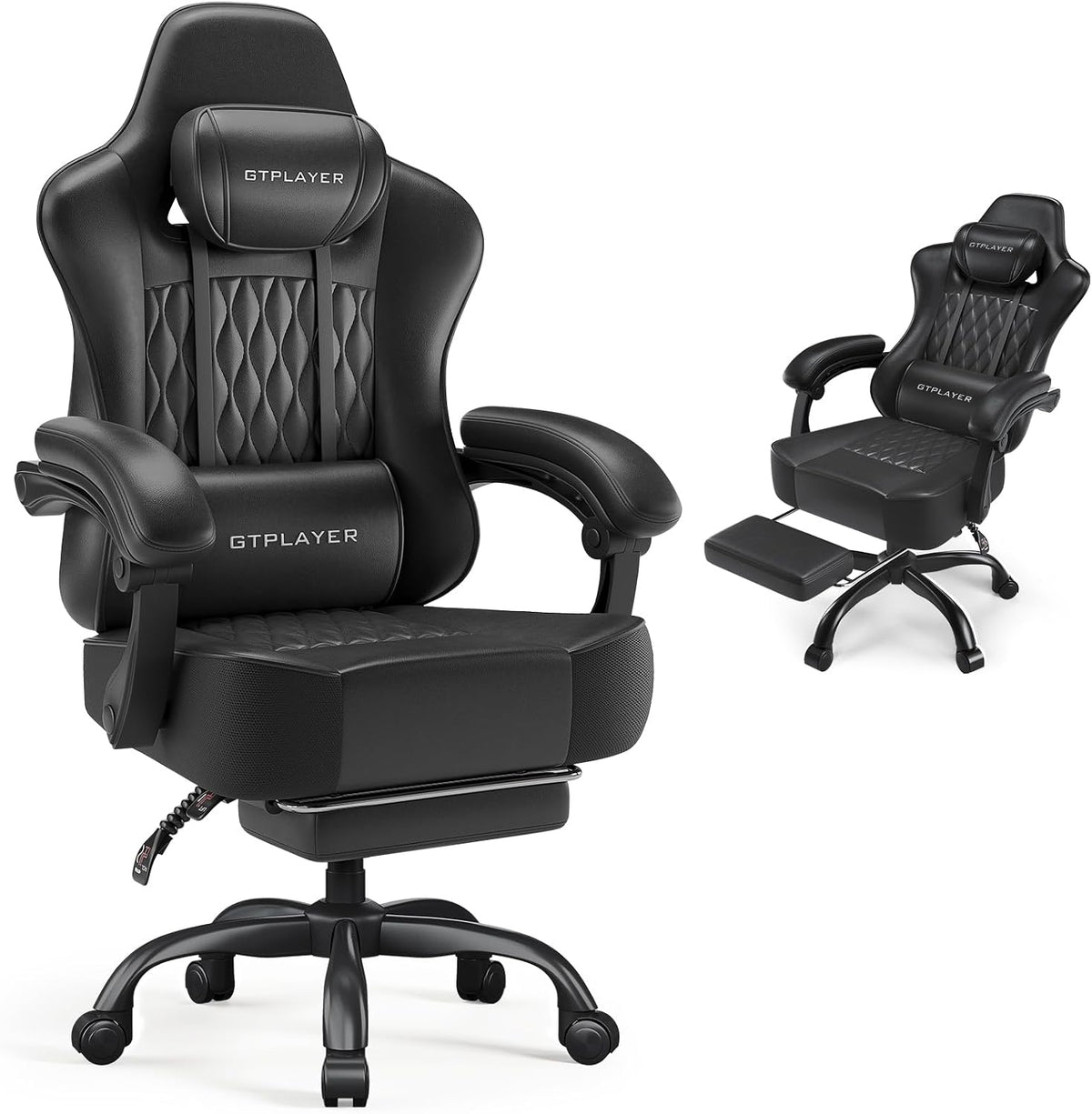 Gaming Chair, Computer Office Chair with Pocket Spring Cushion, Linkage Armrests, Comfortable Leather Computer Chair, Black
