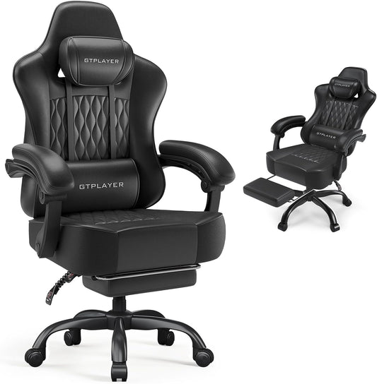 Gaming Chair, Computer Office Chair with Pocket Spring Cushion, Linkage Armrests, Comfortable Leather Computer Chair, Black