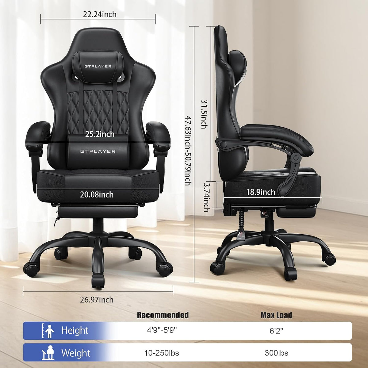 Gaming Chair, Computer Office Chair with Pocket Spring Cushion, Linkage Armrests, Comfortable Leather Computer Chair, Black